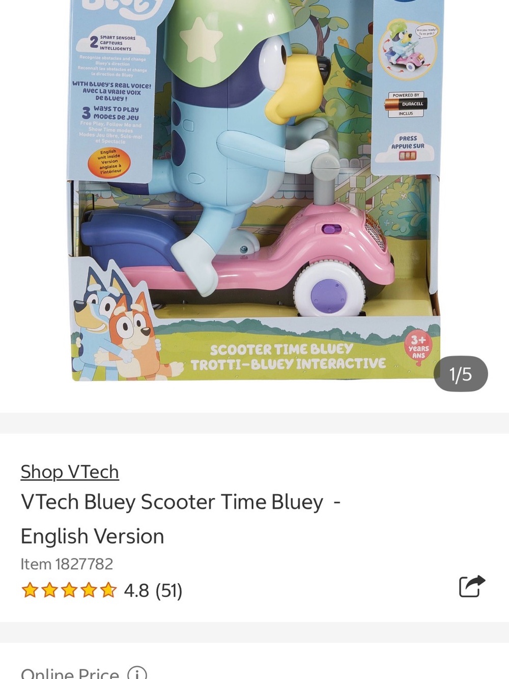 VTech Bluey Scooter Time Ride-On Toy - Pink & Blue